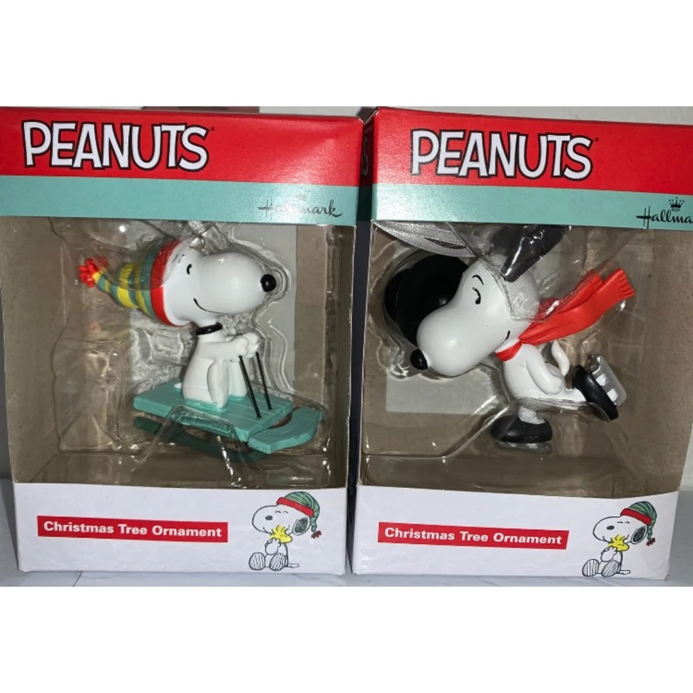 NEW Lot of 2 Hallmark Snoopy Ornaments Peanuts 2021 Snoopy Sledding & Ice Skates